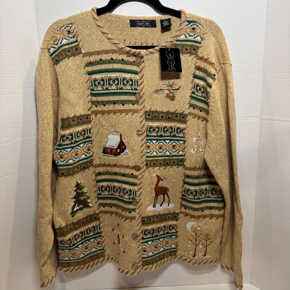 NWT Christmas Patchwork Reindeer Button Up Crystal Kobe Women's XL‎ Sweater